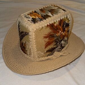 Vintage Handmade Western Cowgirl hat with decorative fabric and feather
